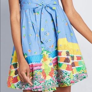 ModCloth Farmers Market dress, blue with fruits, vegetables, flowers POCKETS